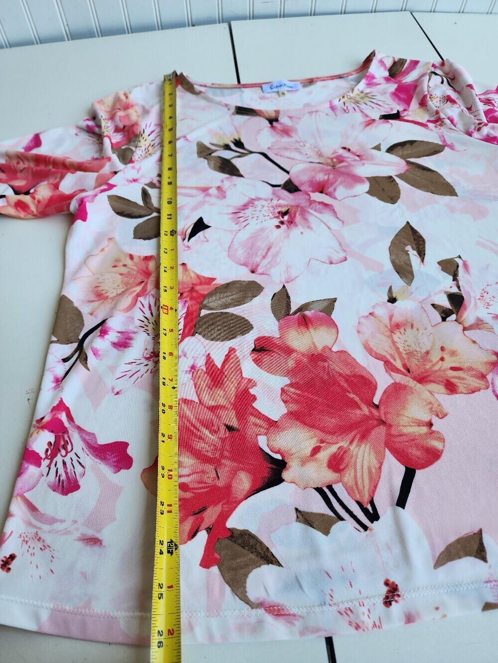 Calvin Klein White Pink Floral Rose Bell Flare Sleeve Women's Blouse Stretch XL - Picture 8 of 12